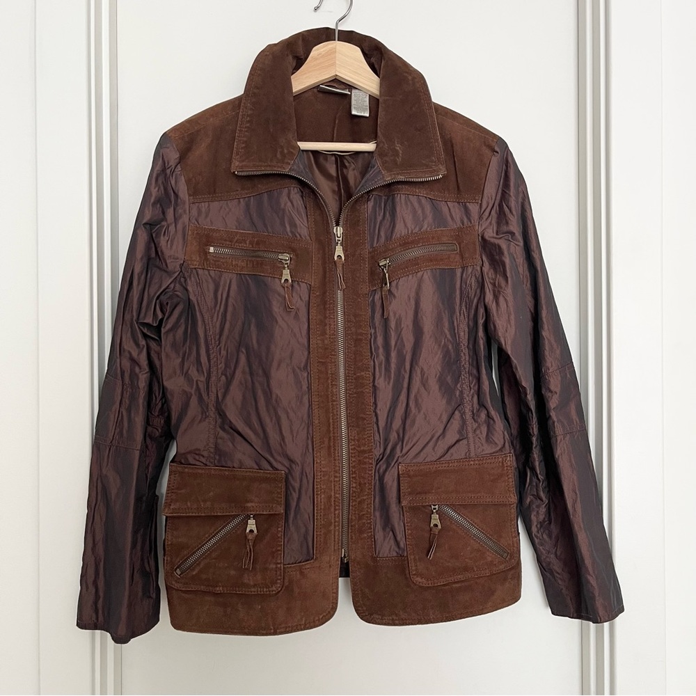 Vintage Chico's Women's Nylon Suede Parka Jacket Size 2 Brown Retro Country